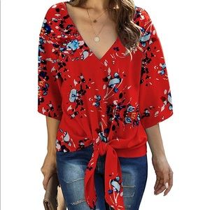 V Neck Red Floral Pattern Batwing Top with Tie Front